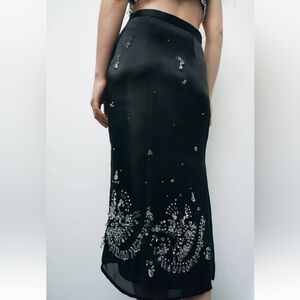 NWT Zara Satin Effect Jewel Trim Midi Skirt Size Xs